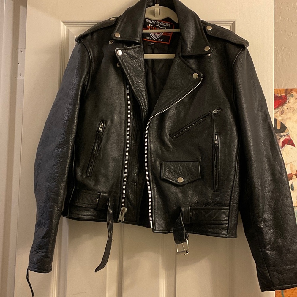 Interstate Leather Black Leather Motorcycle Jacket Size 38